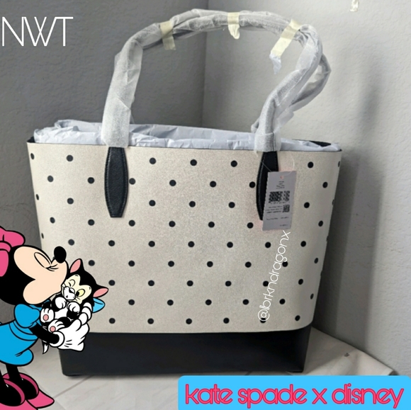 NWT KATE SPADE DISNEY Minnie Mouse & Figaro Reversible Polka Dot Tote & Pouch - Picture 6 of 16